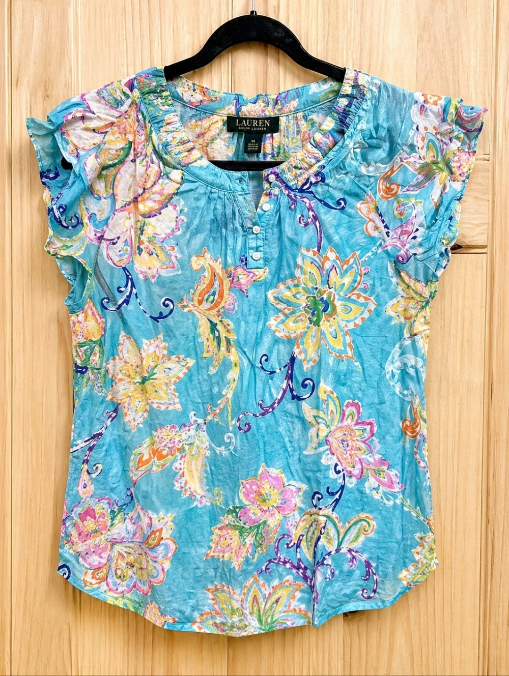 Ralph Lauren Floral Henley Top Medium Blue Ruffle Cap Sleeve Cotton Blouse